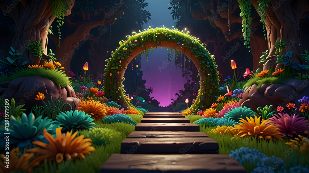 Obraz premium Magical Forest Path Leads To Mystical Green Archway Vivid Flowers Night Background