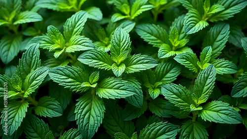 Vibrant Green Mint Leaves, Lush Foliage, Aromatic Herb, Freshness, Nature, Garden, Plant, Peppermint, Mentha, Texture