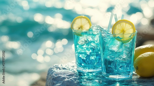 Bright turquoise cocktails with lemon slices set on a textured table by the seaside, evoking a cool and refreshing atmosphere perfect for summer.