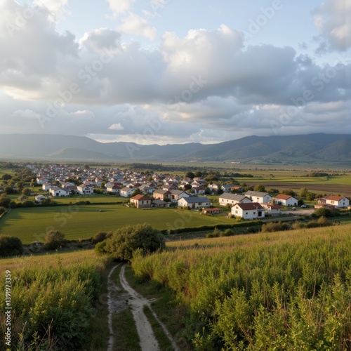 Scenic village landscape under a cloudy sky with mountains  