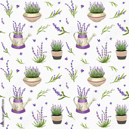 Seamless pattern with painted vintage watering can with sprigs with lavender flowers and flower pot with lavender bouquet