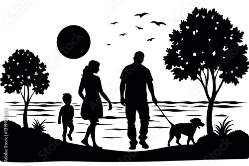 Family stroll along the beach at sunset with a playful dog on a warm evening