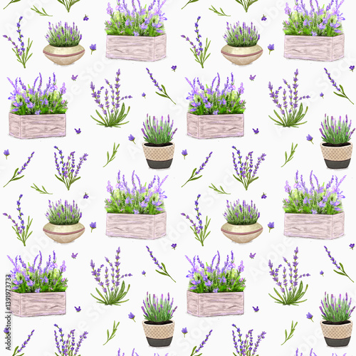 Seamless pattern with lavender flowers in garden wooden box and flower pots. Purple shades