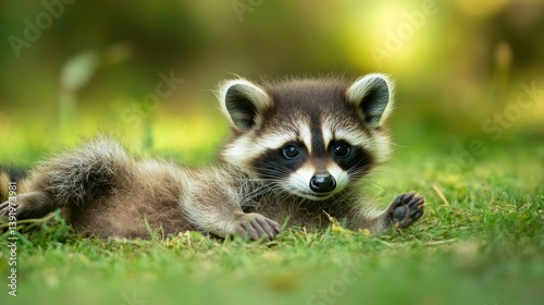 Baby raccoon resting in green grass, forest background, wildlife, cute animal