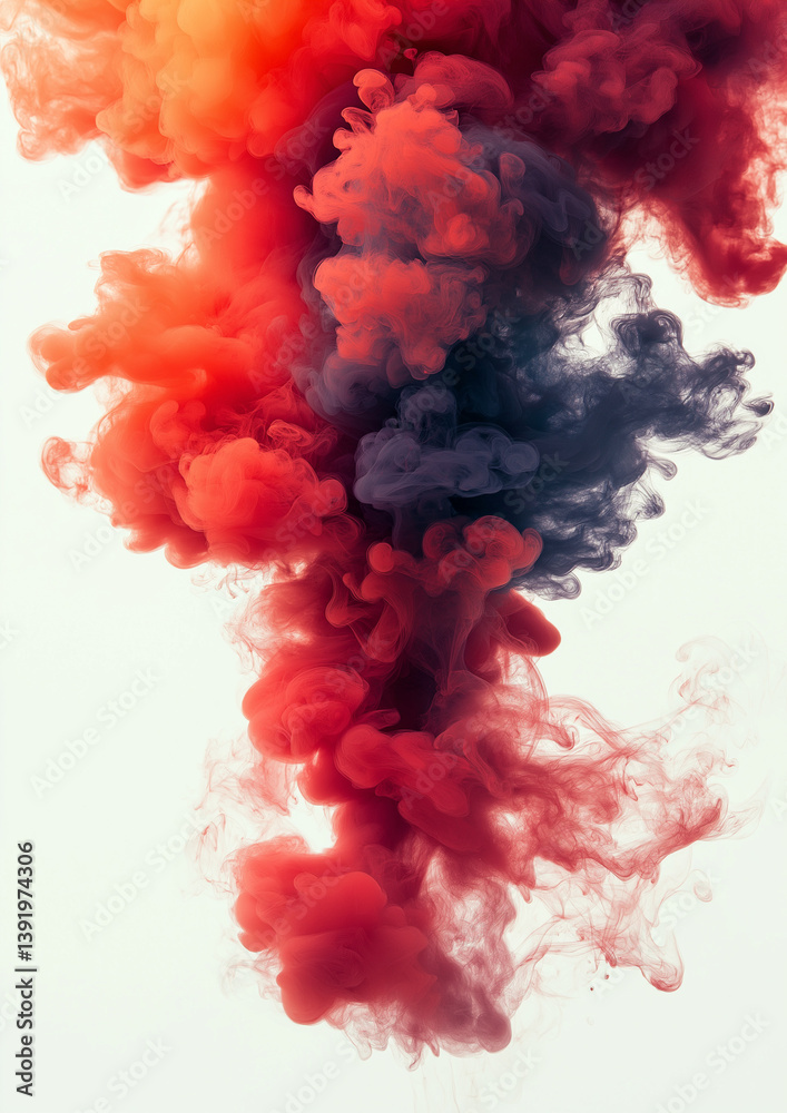 Fototapeta premium High-definition photography of red ink smoke swirling and suspended in the air against a clean white background, creating an abstract and artistic visual effect perfect for creative designs