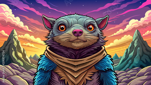 Mole portrait on an alien rock formation desert under a strange colored sky, animal banner