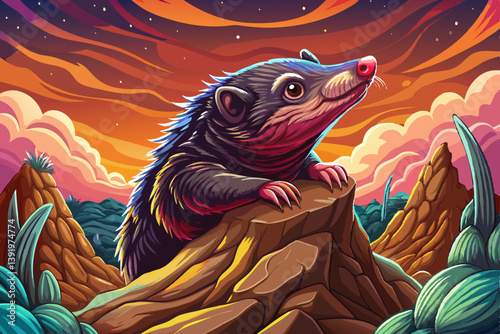 Mole portrait on an alien rock formation desert under a strange colored sky, animal banner