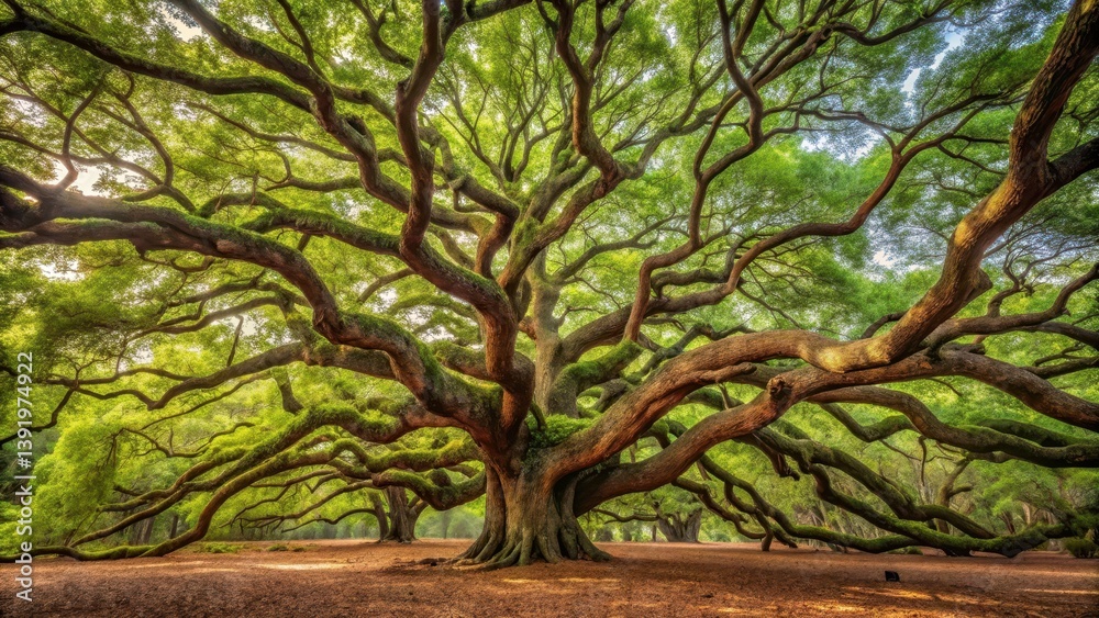 A majestic panorama of dense intricate branches from a centuries-old Angel Oak Tree with gnarled trunks and sprawling foliage A majestic panorama of dense intricate branches from a centuries-old Angel Oak Tree with gnarled trunks and sprawling foliage