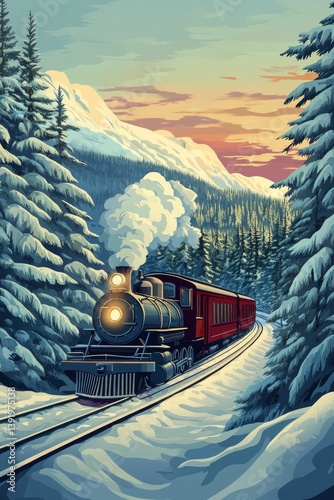 Train travels through snowy landscape with trees and mountains in the background.