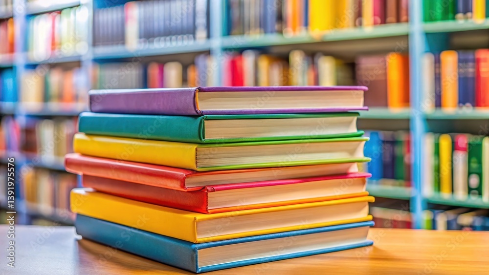 Close-up of a stack of colorful books at a local library, classroom supplies Close-up of a stack of colorful books at a local library, classroom supplies