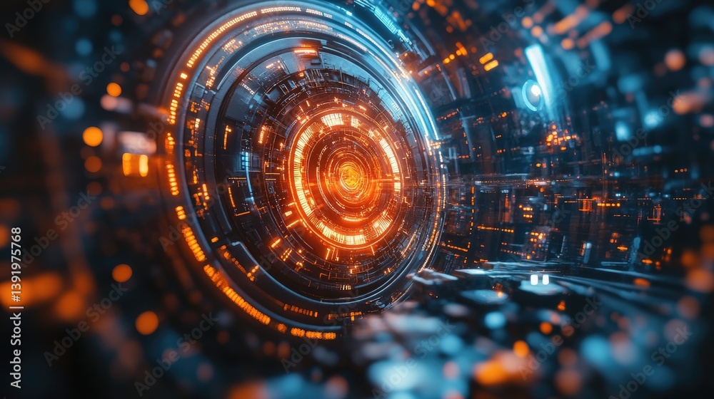 Obraz premium Futuristic technology portal with glowing circular elements and structures