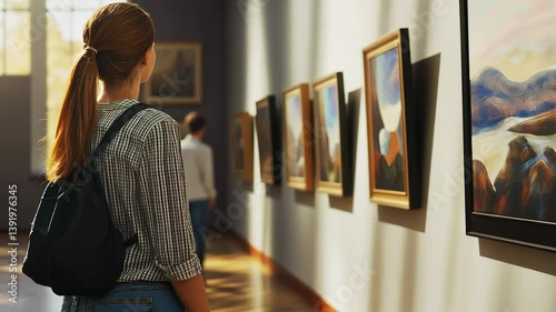 A woman looking at paintings in an art gallery. Visitors view art in the gallery. Museum walls and ceilings in the gallery. A woman observing artwork in an lifestyle art gallery.