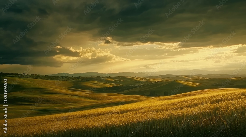 Obraz premium Dramatic sky over rolling hills in the countryside during golden hour