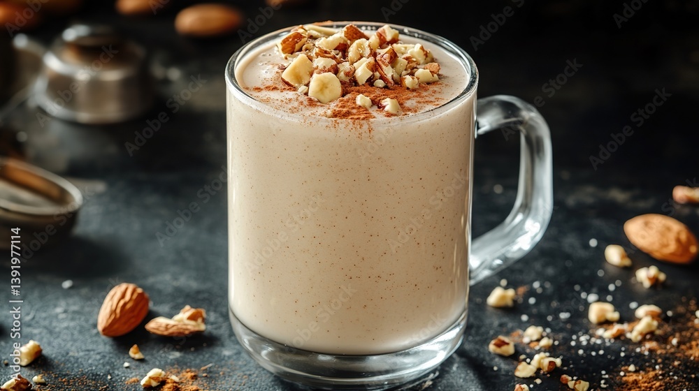 A creamy banana and almond smoothie in a glass mug, topped with crushed nuts and a dusting of cinnamon. A creamy banana and almond smoothie in a glass mug, topped with crushed nuts and a dusting of cinnamon.