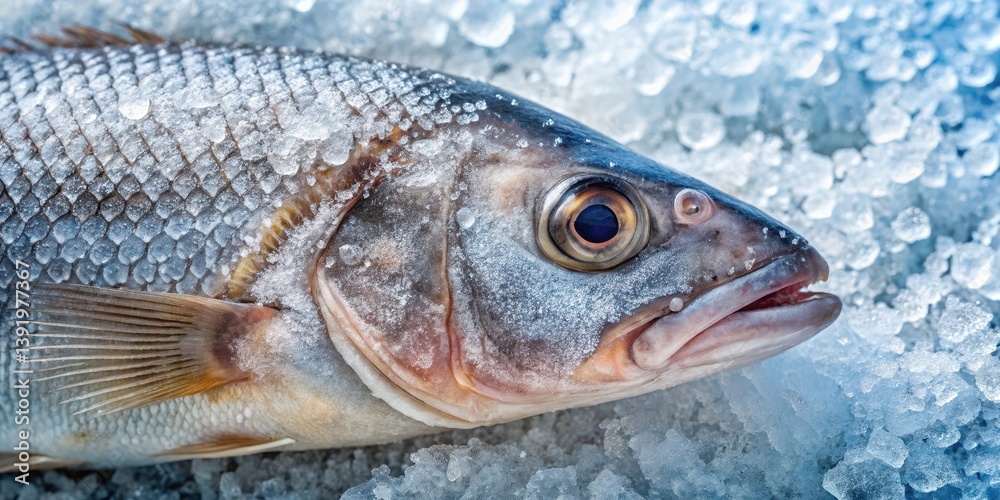 Close-up of a frozen fish with visible ice crystals and a frosty texture on its skin, helix , frozen, helix Close-up of a frozen fish with visible ice crystals and a frosty texture on its skin, helix , frozen, helix