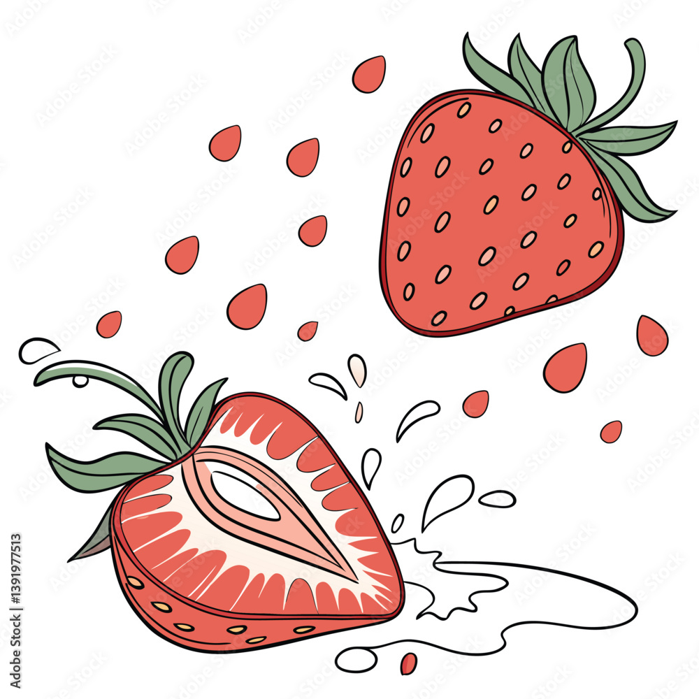 Morango suculento, saboroso, fresco, vermelho com talo verde, . Efeito de splash, gotas e água. Fruta.  