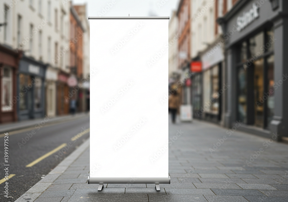 Roll-up banner mockup. Blank Roll-Up Banner in a City Street. A blank roll-up banner stands on a city street, showcasing a mock-up opportunity for custom design. Roll-up banner mockup. Blank Roll-Up Banner in a City Street. A blank roll-up banner stands on a city street, showcasing a mock-up opportunity for custom design.