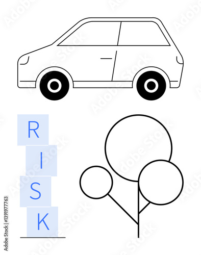Minimalist car outline, RISK blocks stacked vertically, and abstract circular tree graphic. Ideal for safety, environment, risk management, eco driving, decision-making, transportation abstract line