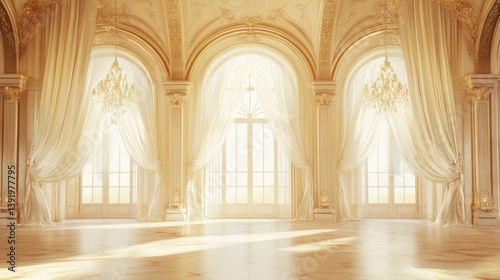 Luxurious Golden Hall with Sunlight Streaming Through Windows photo