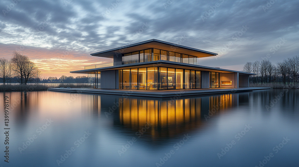 Obraz premium Modern lakeside villa with sleek design and glass walls at sunset