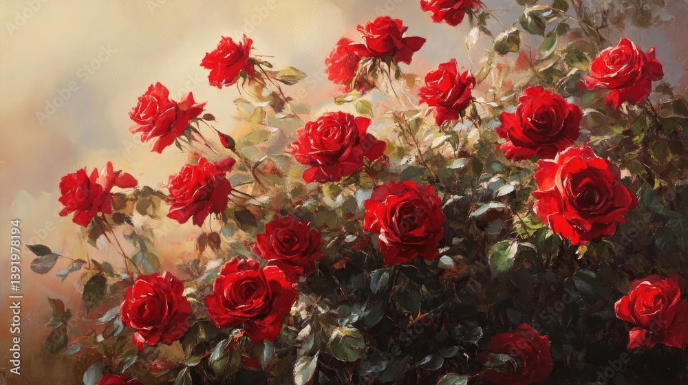 Fototapeta premium Vibrant red roses in full bloom bask in soft sunlight, creating a romantic and elegant floral display that exudes beauty and charm.