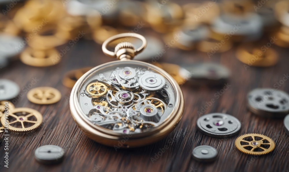 Intricate golden pocket watch mechanism displays elaborate clockwork with gears and rubies. Intricate golden pocket watch mechanism displays elaborate clockwork with gears and rubies.