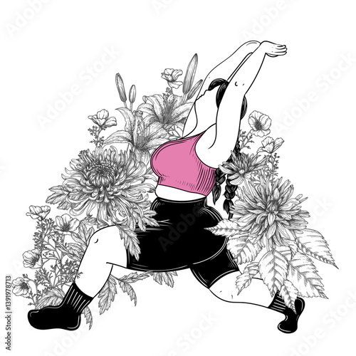 Vector illustration of a girl doing pilates on a background of flowers. Sporty floral print. Fitness surrounded by flowers. Stretching in a blooming garden. Feminine sports club. Body positive