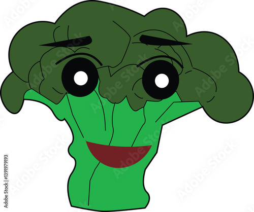 The Illustration of broccoli cartoon character with huge eyes and smiling