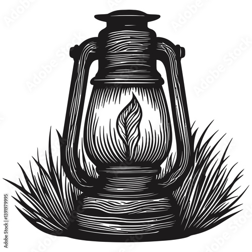 Vintage Lantern Illustration with Flame and Grass in Vector Style