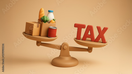 balance scale displays items like groceries and box one side while word tax is prominently featured other side, symbolizing trade and tax