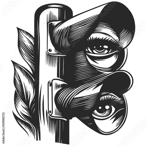 Vintage Style Illustration of Traffic Cameras with Eyes in Black and White