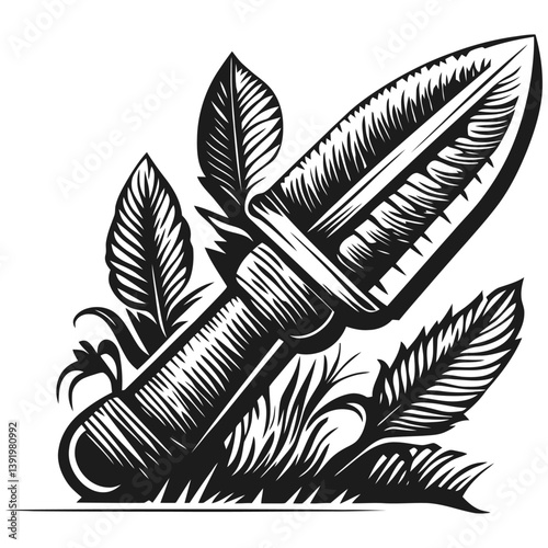 Detailed Illustration of a Crafted Knife Surrounded by Leaves and Nature