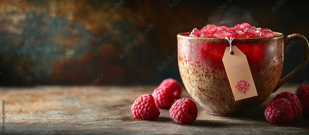 A caf?(C)-style presentation of raspberry iced tea in a ceramic mug, a tea bag tag hanging over the edge, with a moody backdrop. A caf?(C)-style presentation of raspberry iced tea in a ceramic mug, a tea bag tag hanging over the edge, with a moody backdrop.