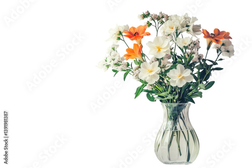 Vibrant spring bouquet in glass vase delicate white and orange flowers soft natural light minimalist isolated on transparent background
