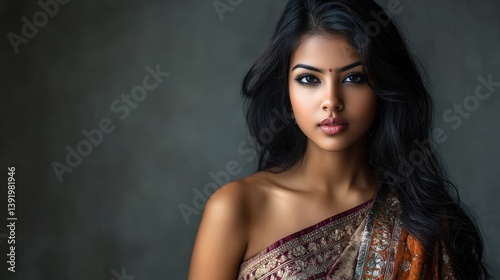 A portrait of a beautiful woman with dark hair and skin