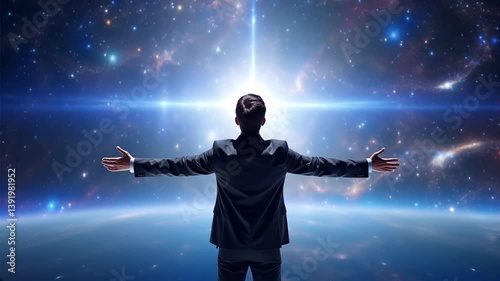 Back view of businessman in black suit stretching his arm to receive the energy of starlight waves coming from the vast galaxy. Concepts of Imagination or Creativity
