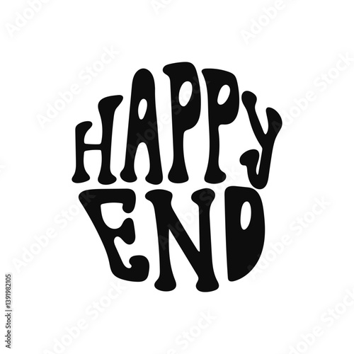 Retro groovy typography design featuring bold happy end phrase in black on white