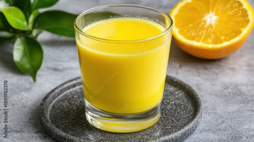 Fototapeta premium Glass of Fresh Orange Juice on Gray Surface