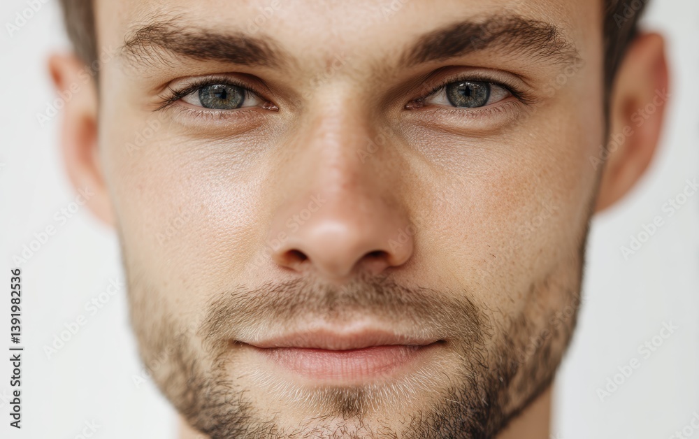 Obraz premium A close-up portrait of a calm young man with short dark hair and light stubble, pure white background