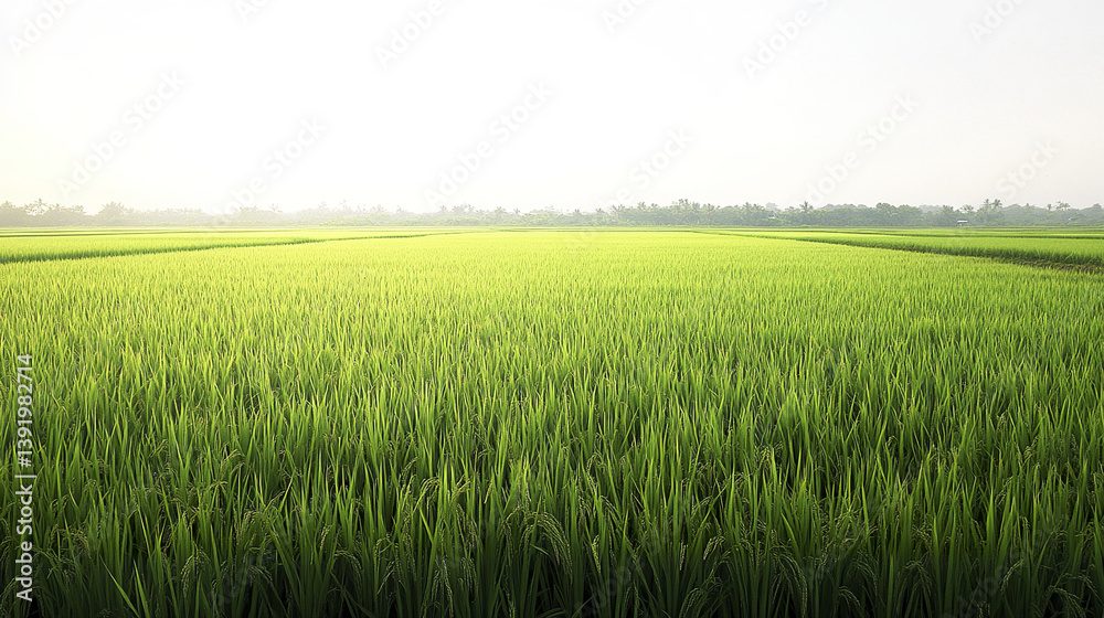 lush green rice field stretches into horizon under bright sky lush green rice field stretches into horizon under bright sky