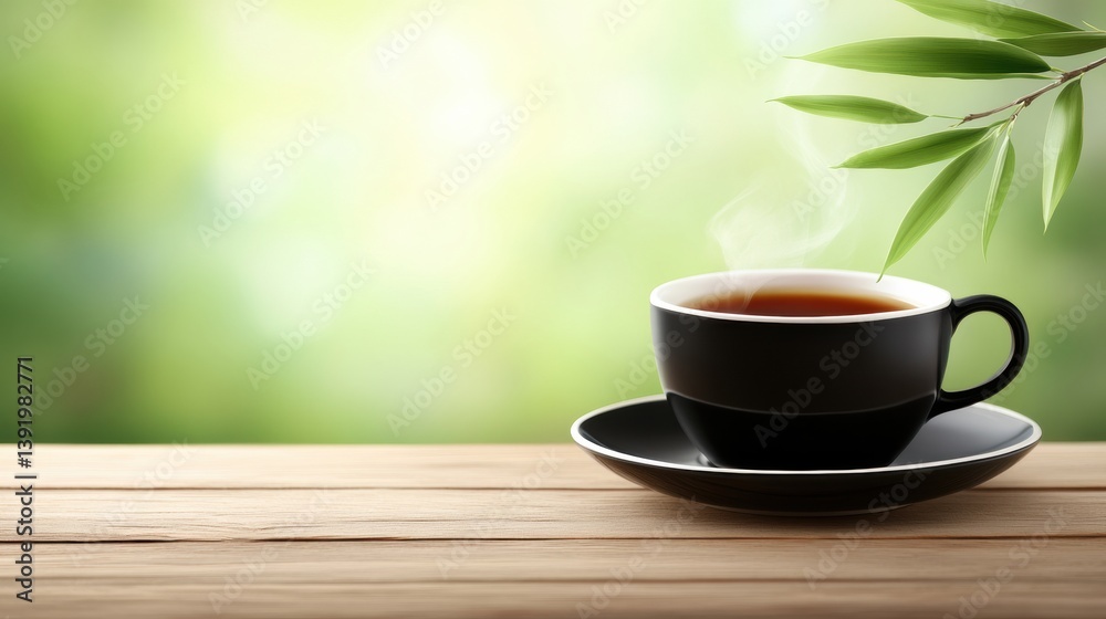 Dark Cup of Steaming Tea on Wooden Table with Green Natural Background Dark Cup of Steaming Tea on Wooden Table with Green Natural Background