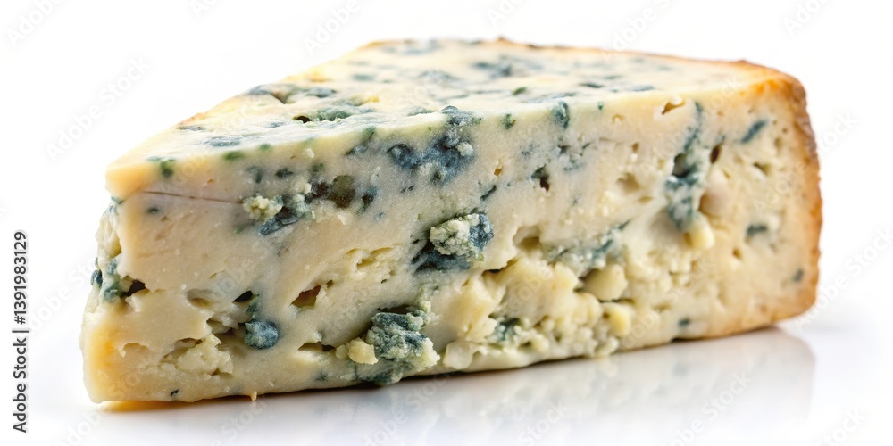 A slice of blue cheese sitting alone on a plain white background with a few crumbly edges and a slightly puffed texture A slice of blue cheese sitting alone on a plain white background with a few crumbly edges and a slightly puffed texture
