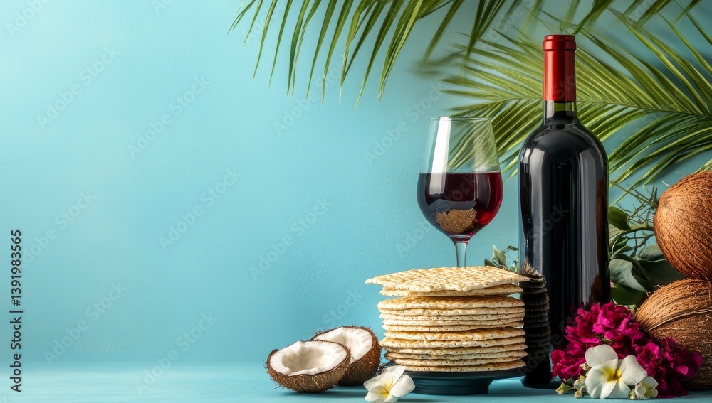Naklejka premium A bottle of red wine, a glass, and matzah on the right side, with pink flowers and nuts on a light blue background for a Passover celebration.