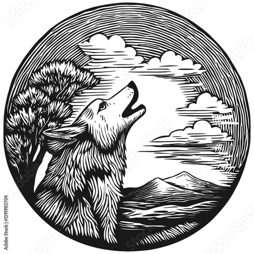 Howling Wolf Design in Vintage Style with Nature Elements
