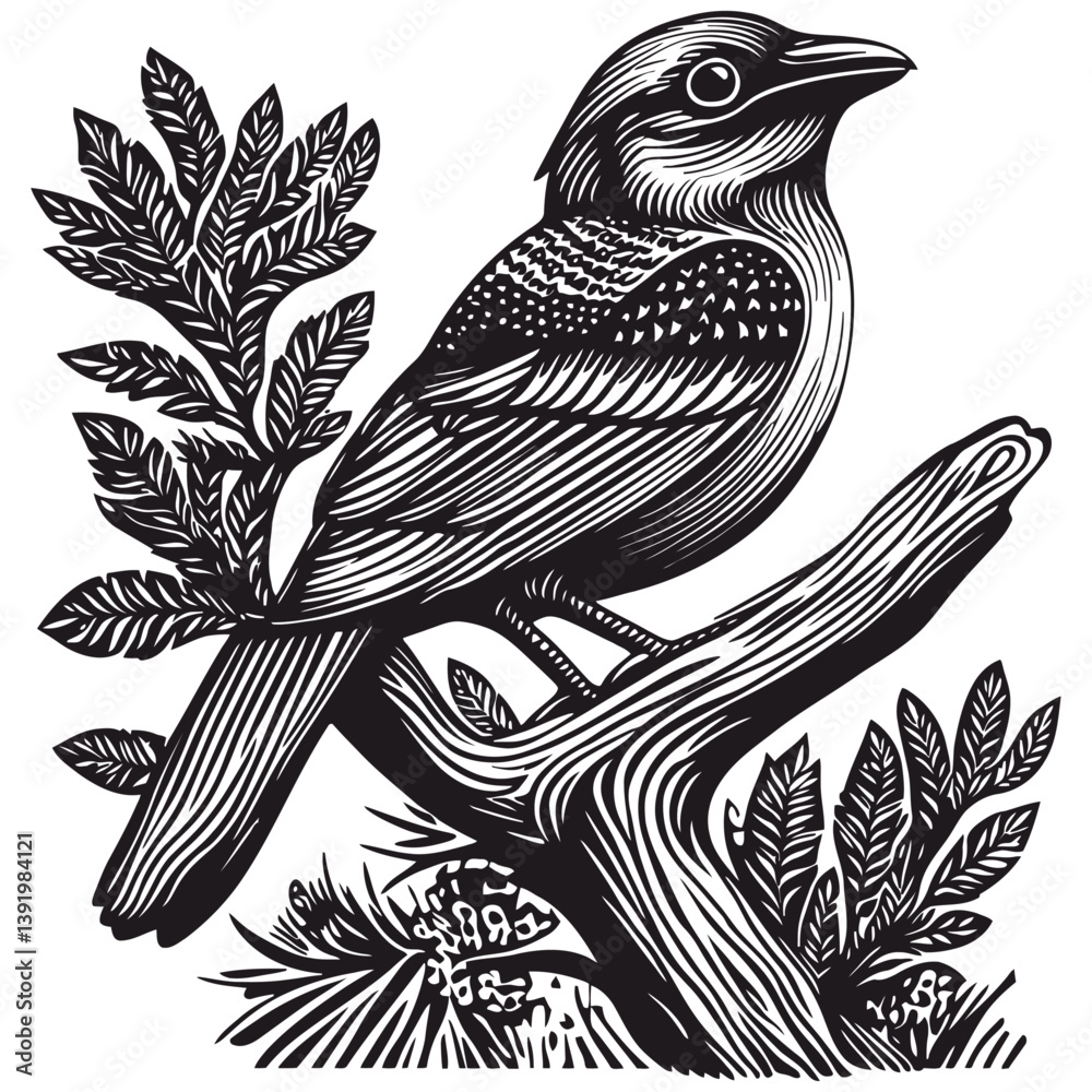 Fototapeta premium Detailed Woodcut Style Illustration of a Bird Perched on Branch