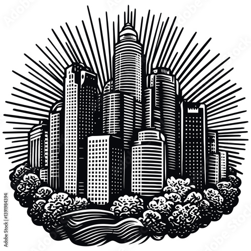 Urban Skyline Illustration with Radiating Lines and Nature Elements