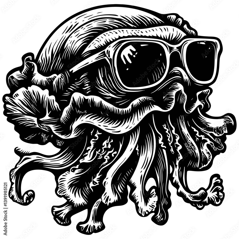 Fototapeta premium Stylish Jellyfish with Sunglasses in Vintage Black and White Style