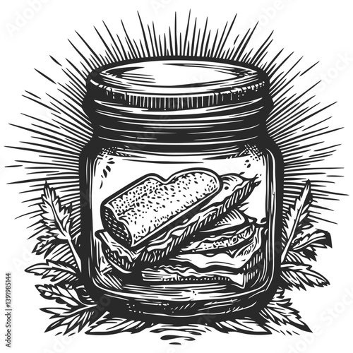 Vintage Jar with Sandwich Illustration and Radiant Background Design