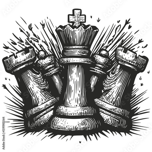 Intricate Hand-Drawn Chess Pieces with Crown and Background Elements