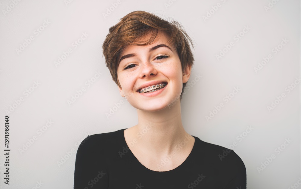 A happy young woman with short haircut and braces, white background A happy young woman with short haircut and braces, white background